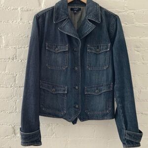 Vintage Chaps Womens Jean Jacket Dark Blue Denim Blazer Jacket Fitted Minimalist
